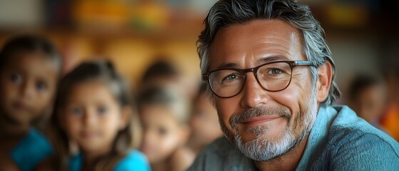 Fototapeta premium a senior male teacher smiles while educating young kids in a classroom. senior teacher in classroom, role of educators, senior teacher experience, school life