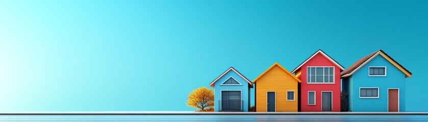 Minimalist 3D Townhouses Illustration on Blue Background with Copy Space for Text - Cute Style Modern Design Banner