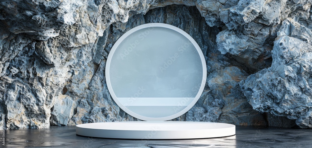 Poster a minimalistic display podium surrounded by rocky textures, ideal for showcasing products in a natur