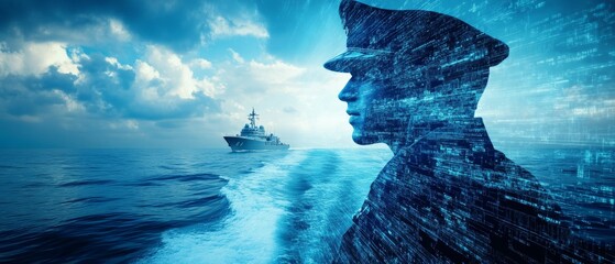 Futuristic Digital Hologram of Navy Officer on Boat at Sea - High-Tech Low Detail Wide Banner with Copy Space Area