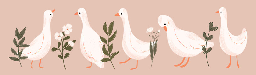 Cute geese and floral seamless border. White goose and wildflower. Hand drawn vector illustration. © jenteva