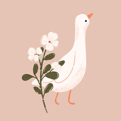 Cute white goose and  flowers. Composition with goose and wildflower. Hand drawn vector illustration.