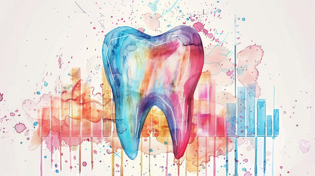 watercolor style, Colorful watercolor of teeth with investment charts, dentist care, economic stability illustration