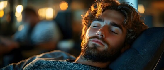 Obraz premium a tired man naps in an office chair, taking a brief rest during a busy workday at the office. productivity breaks, work-life balance, workplace relaxation, employee wellness