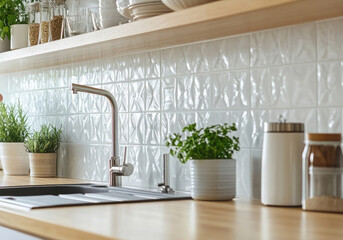 Clean and modern kitchen featuring a shiny faucet, a spacious sink, and a white tiled backsplash, creating a bright and welcoming atmosphere