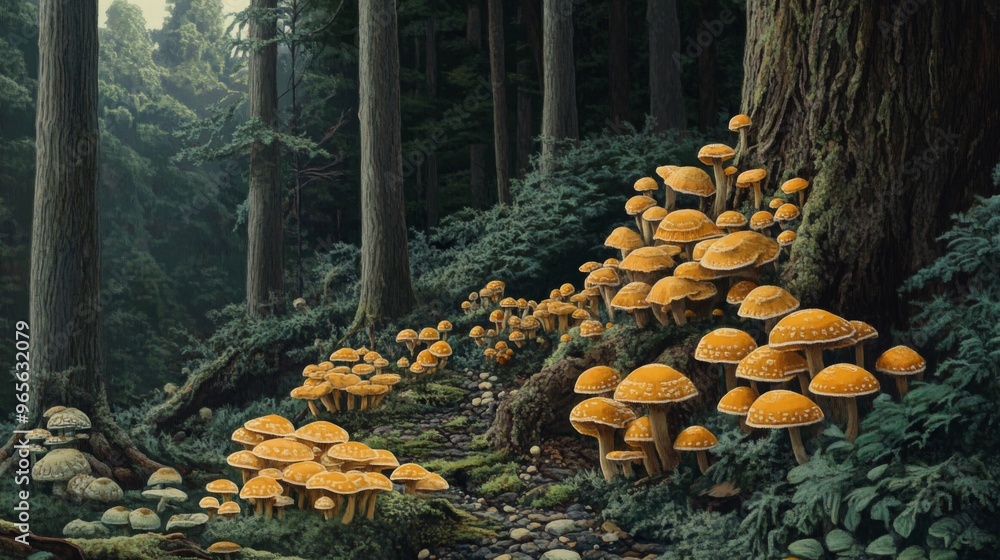 Poster a forest scene featuring a variety of mushrooms growing on tree trunks and the forest floor, illustr