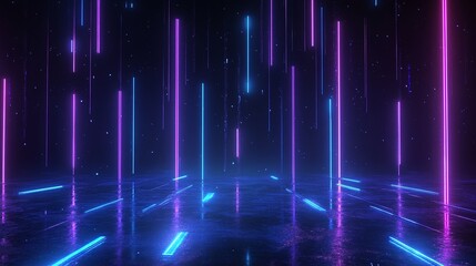 Vibrant neon lights create a futuristic atmosphere with glowing pillars against a dark background, perfect for modern designs. Stage for product presentation.