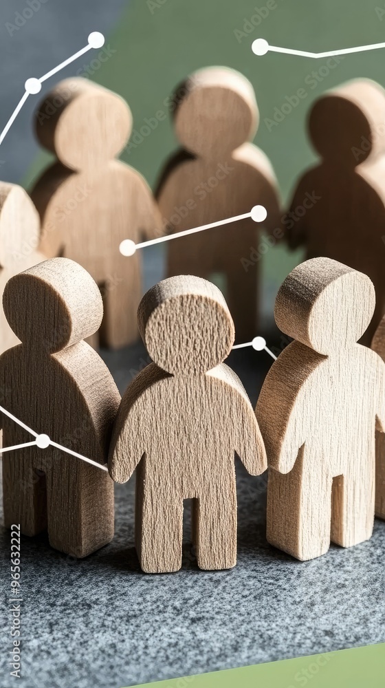 Poster wooden figures representing people are interconnected by white lines on a neutral grey background, s