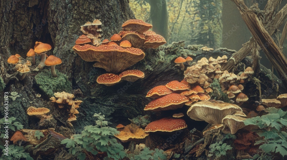 Poster a forest scene featuring a variety of mushrooms growing on tree trunks and the forest floor, illustr