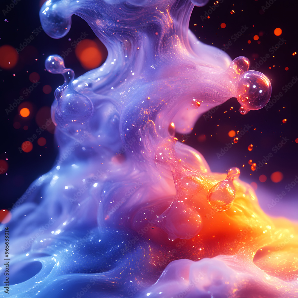 Poster Abstract illustration of a splash of colored thick liquid with a smooth transition between shades of blue and orange with a depth of field effect