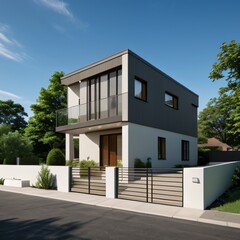 Modern luxury house with a well-manicured lawn..