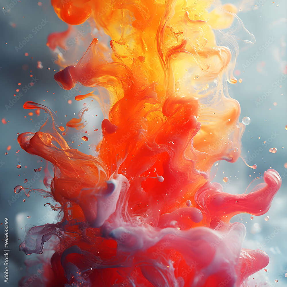 Poster illustration of an undulating flow of liquid mass shimmering in shades of orange and yellow on a blu