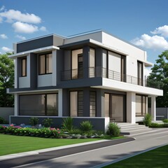 Modern luxury house with a well-manicured lawn..