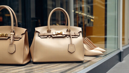 Stylish beige glossy handbags and high heels are showcased in a store window along the street, highlighting an accessories sale. AI Generated.