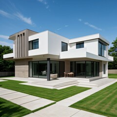 Modern luxury house with a well-manicured lawn..