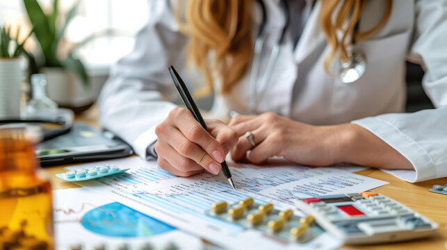 watercolor style, Pharmacist managing investment funds with watercolor financial charts, healthcare investments