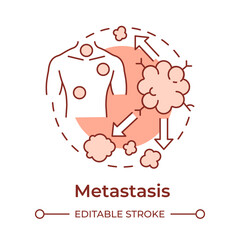 Metastasis soft red concept icon. TNM system. Cancer spread. Pathogenic tumor. Secondary cancer. Round shape line illustration. Abstract idea. Graphic design. Easy to use in article