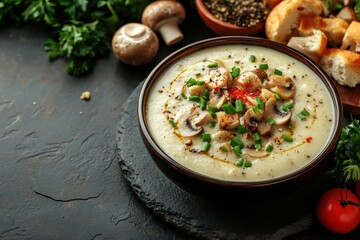 Mushroom Bisque. Creamy mushroom soup with herbs and bread, rustic coz