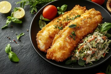 Crispy Dinner. Golden fried fish fillets, fresh coleslaw, lemon garnis