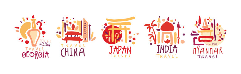 Travel Time Original Label Design with Destination Country Vector Set