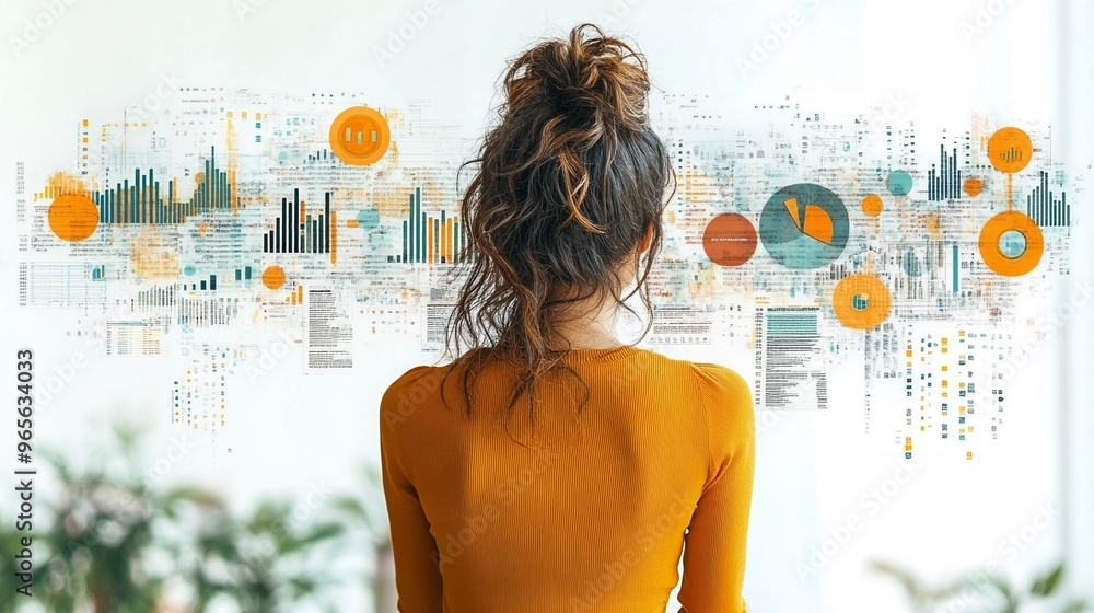 Poster woman in orange looking at digital data visualizations on a large screen display