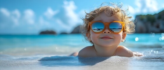 Naklejka premium a toddler sunbathes on a beach, wearing sunglasses. toddler sunbathing on beach, summer fun, beach vacation, relaxation and leisure