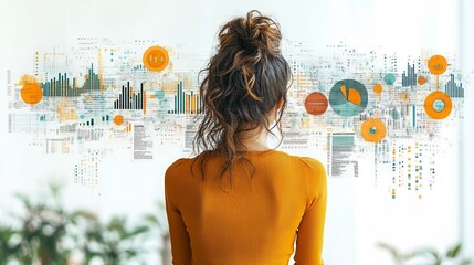Woman in orange looking at digital data visualizations on a large screen display