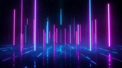 Vibrant neon lights illuminate a dark space, creating a mesmerizing atmosphere, perfect for futuristic and abstract themes. Stage for product presentation.
