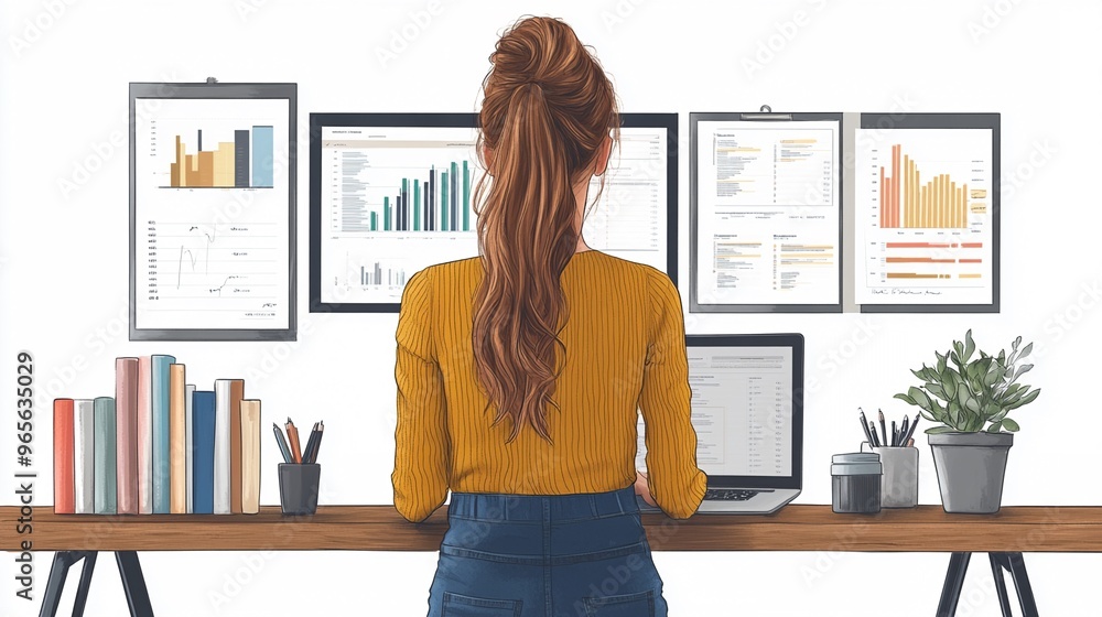 Poster woman analyzing data on multiple screens with organized workspace