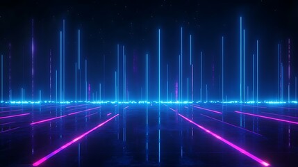 Fototapeta premium Vibrant neon lines create a stunning digital landscape, reflecting a colorful, futuristic atmosphere with a high-tech vibe. Stage for product presentation.