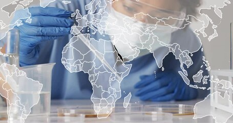 Animation of world map over biracial female scientist with pipette - Powered by Adobe