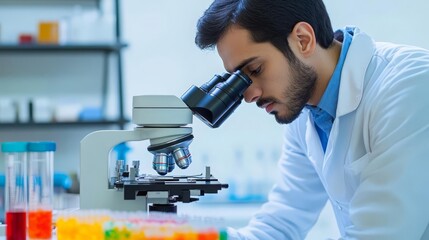 A biotechnologist analyzing cell cultures under a microscope, with colorful samples visible on the lab bench, bright lighting, sterile environment, detailed shot, scientific focus