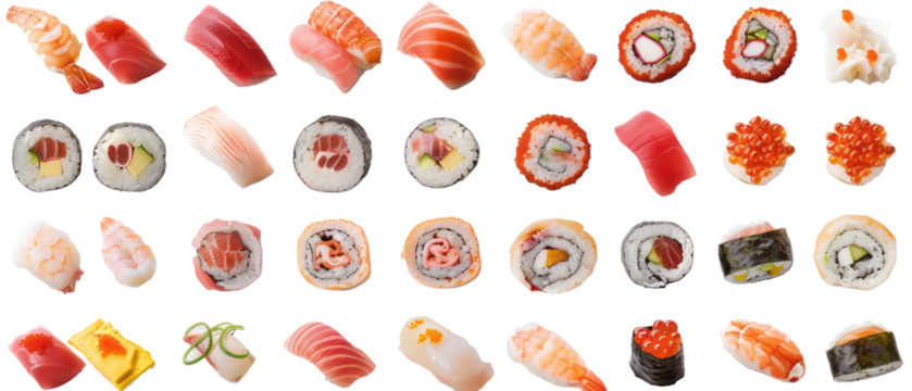 Set of isolated, various types of sushi and sashimi on transparent background. elements, themed designs. Top view high quality PNG." design elements, top view / flat lay.
- Powered by Adobe