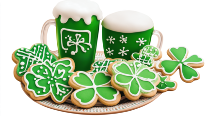Festive St. Patrick's Day cookies and green beer on a plate. This colorful image shows green shamrock-shaped cookies decorated with white icing next to two mugs of green beer with frothy tops, perfect