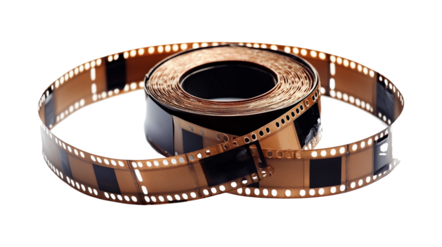 A rolled filmstrip on a white background. This classic film roll image showcases a coiled strip of film, capturing the essence of traditional photography and cinema, evoking a nostalgic and vintage ae