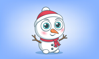 Vector cute cartoon kawaii big eyed little smiling snowman baby in red hat and scarf. Winter toon, animation. Blue light background.