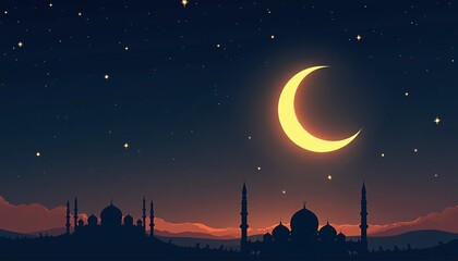 Naklejka premium Glowing Crescent Moon Set Against Deep Navy Sky with Shimmering Stars and Elegant Islamic Arches for Milad un Nabi