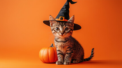Halloween - mały kociak siedzi w kapeluszu czarownicy obok dyni na pomarańczowym tle.