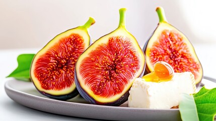 Juicy fresh figs on a platter, paired with goat cheese and honey, rustic and gourmet