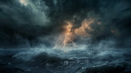 Dramatic Lightning Strike in a Stormy Sky Over the Ocean