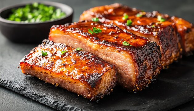 Juicy pork belly slices, crispy on the outside, tender on the inside, served with a tangy glaze