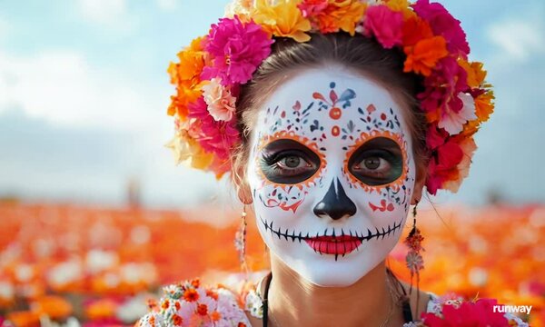 En un campo vibrante de cempasuchil, una joven maquillada como Catrina sonr&iacute;e con alegr&iacute;a durante el D&iacute;a de los Muertos, reflejando la vida y la tradici&oacute;n festiva