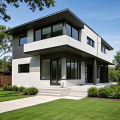 Fototapeta premium Modern luxury house with a well-manicured lawn..