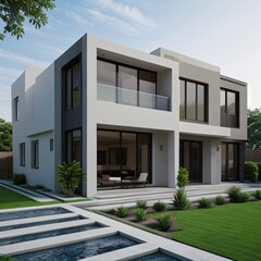 Fototapeta premium Modern luxury house with a well-manicured lawn..