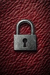 Fototapeta premium A textured maroon leather background with a silver padlock icon in the middle, symbolizing security with a touch of elegance.