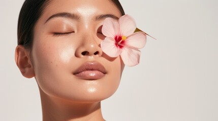 Fototapeta premium Graceful woman with closed eyes, focusing on a flower near her face