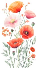 Artistic illusion of red, pink, and orange poppy flowers dancing