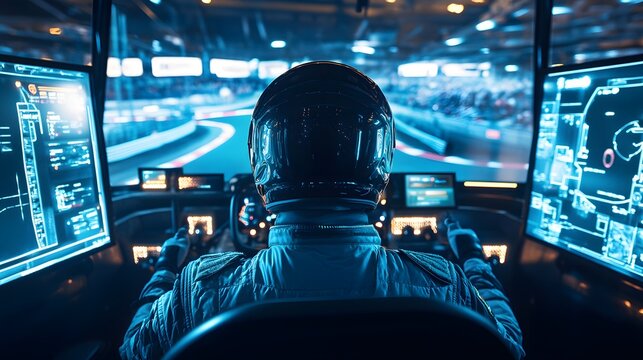 A go-kart driver in high-tech, aerodynamic race gear, in a simulator setup with multiple screens showing the track, bright LED lights and a futuristic environment creating a tech-savvy and immersive