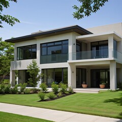 Modern luxury house with a well-manicured lawn..