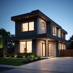 Modern luxury house with a well-manicured lawn..
